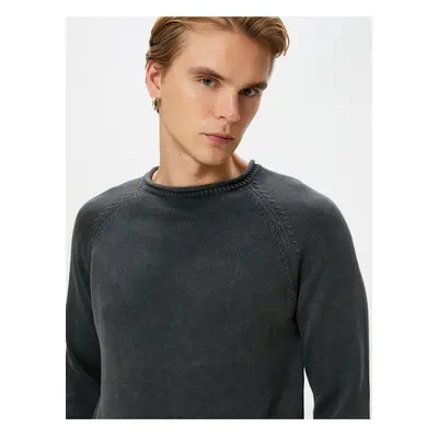 Koton Knitwear Sweater Washed Crew Neck Stitch Detail Cotton