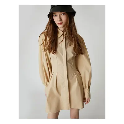 Koton Shirt Dress Pleated Waist Long Sleeve Cotton Cuff Collar