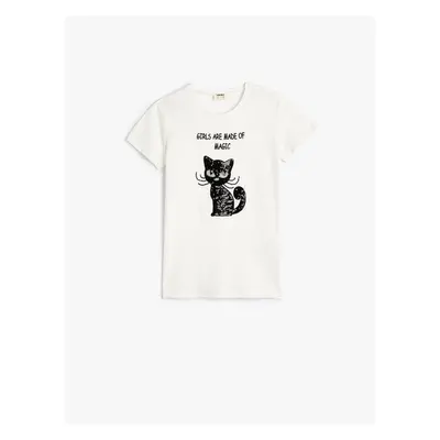 Koton T-Shirt Short Sleeve Crew Neck Cat Sequin Embroidered