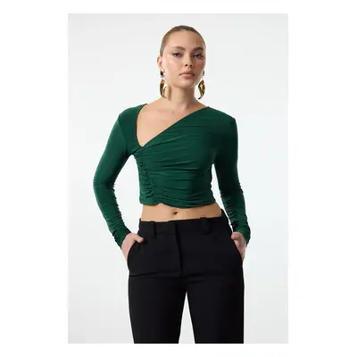 Trendyol Emerald Green Crop Draped Knitted Blouse