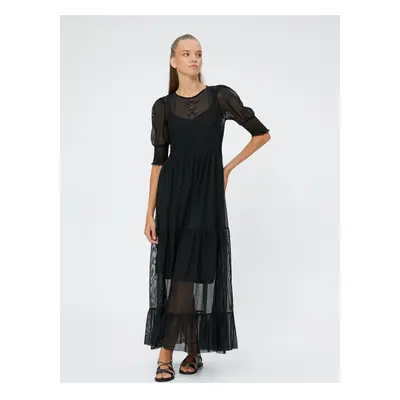 Koton A-Line Dress Long Transparent Detailed Embroidered Balloon Sleeves