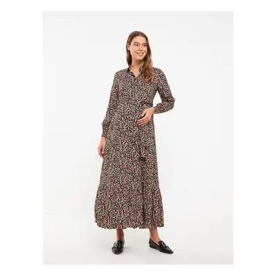 LC Waikiki Shirt Collar Patterned Long Sleeve Viscose Maternity Dress