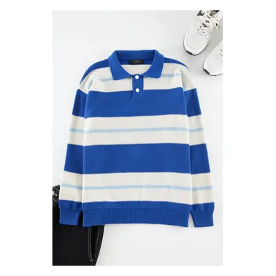 Trendyol Saks Oversize Polo Collar Striped Knitwear Sweater