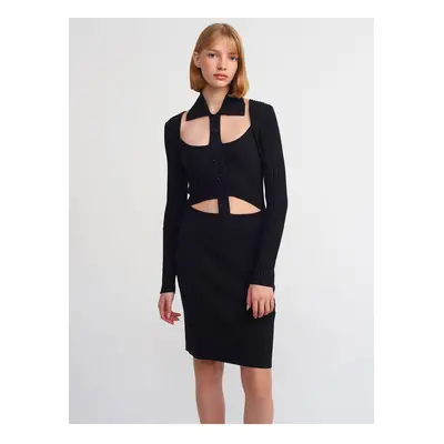 Dilvin Polo Collar Buttoned Knitwear Dress-Black