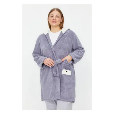 Trendyol Curve Gray Wellsoft/Plush Animal Figured Pocket Hooded Knitted Dressing Gown