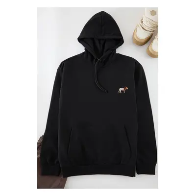 Trendyol Black Oversize/Wide Cut Lion Embroidered Fleece Inside Hooded Sweatshirt