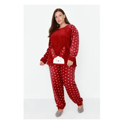 Trendyol Curve Red Heart Polar Fleece Knitted Pajama Set