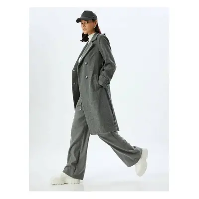 Koton Double Breasted Collar Long Stamp Coat with Belt Detail