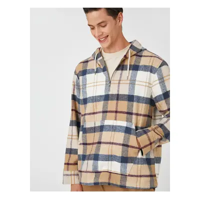 Koton Plaid Oversize Sweatshirt Hooded with Pocket Detail and Half Zipper