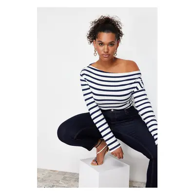 Trendyol Curve Navy Blue Striped Premium Soft Fabric Fitted Boat/Madonna Neck Stretchy Knitted B