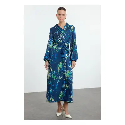 Trendyol Navy Blue Floral Patterned Double Breasted Woven Dress