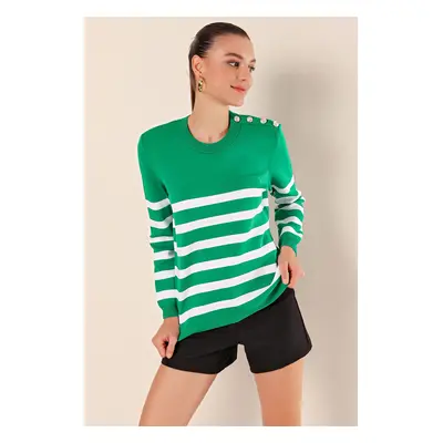 Bigdart Button Detail Striped Sweater - Green