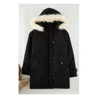 Trendyol Curve Black Fur Hooded Parka & Coat