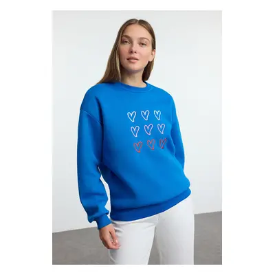 Trendyol Saks Heart Embroidered Oversize/Wide Pattern Thick Inside Polar Fleece Knitted Sweatshi