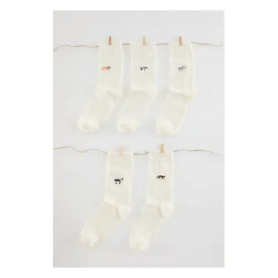 Trendyol Ecru Unisex 5-Pack Animal Embroidered Cotton Socks-Long Length Socks