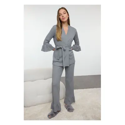 Trendyol Grey Melange Belted Ruffled Ribbed Knitted Pajama Set