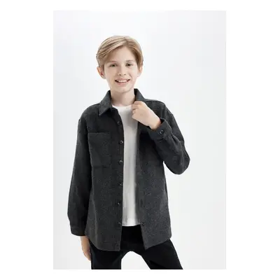 DEFACTO Boy Oversize Wide Pattern Polo Collar Long Sleeve Anthracite Shirt