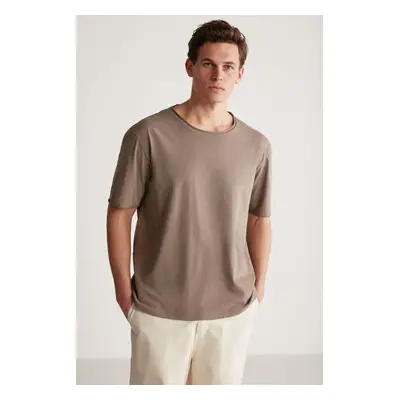 GRIMELANGE Davinson Men's Open Collar Oversize Fit 100% Cotton Brown T-shir