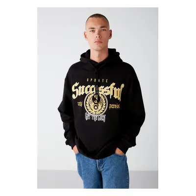 GRIMELANGE Persısted Men's College Printed Hooded Black Sweatshirt with Fleece Inside