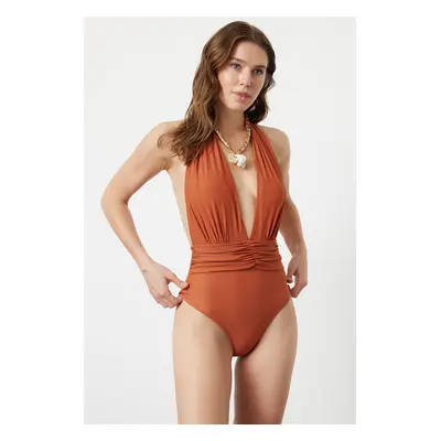 Trendyol Brown Deep-cut Gathered Regular Swimsuit