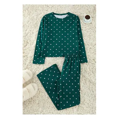 Trendyol Emerald Green 100% Cotton Polka Dot and Heart Patterned Knitted Pajama Set