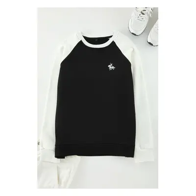 Trendyol Black Oversize/Wide Cut Raglan Sleeve Printed Detail Color Block Sweatshirt