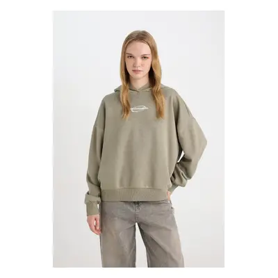 DEFACTO Khaki Cool Loose Fit Printed Hooded Sweatshirt