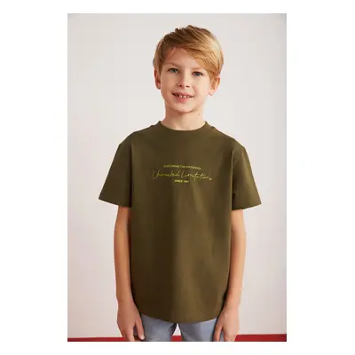 GRIMELANGE Rune Boys' 100% Cotton Short Sleeve Piece Printed Crew Neck Khaki T-shirt