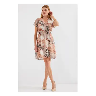 Bigdart Short Sleeve Patterned Chiffon Dress - Beige