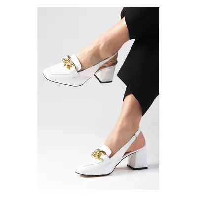 Mio Gusto Corinne White Color Patent Leather Flat Toe Open Back Thick Heeled Women's Heeled Shoe