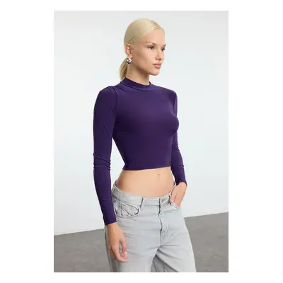 Trendyol Purple Sleeve Gather Detailed Fitted High Collar Crop Stretchy Knitted Blouse