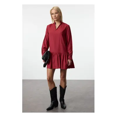 Trendyol Burgundy Shift/Straight Cut V Neck Flounce Skirt Belmando Mini Woven Dress