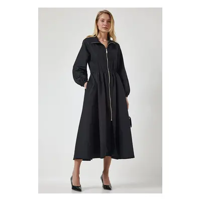 Happiness İstanbul Women's Black Zippered Seasonal Woven Dress Trench Coat