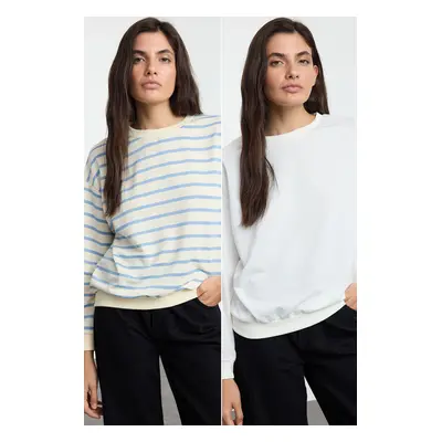 Trendyol Ecru-Blue Striped 2-Pack Regular/Normal Pattern Knitted Sweatshirt