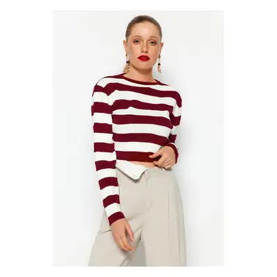 Trendyol Burgundy Crop Základní pruhovaný pletený svetr