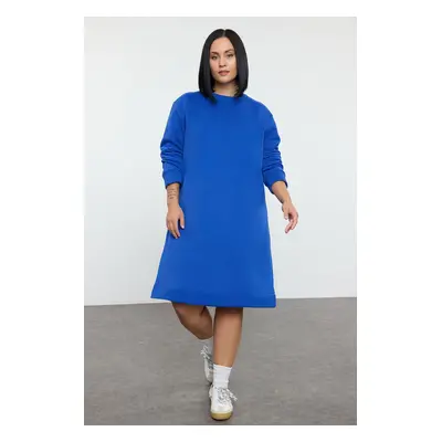 Trendyol Curve Blue Yarn Non-raising Crew Neck Knitting Plus Size Sweatshirt Dress