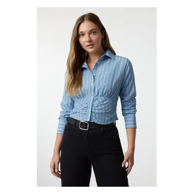 Trendyol Blue Striped Front Gathered Fitted Waist Crop Woven Shirt