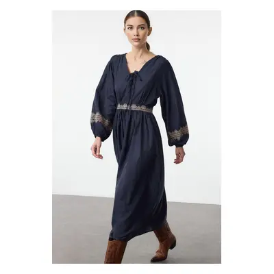 Trendyol Navy Blue Embroidered Midi Woven Dress with Open Waist