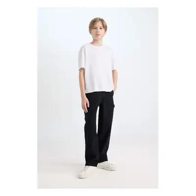 DEFACTO Boy's Loose Fit Standard Leg Cargo Pocket Basic Plain Gabardine Black Trousers