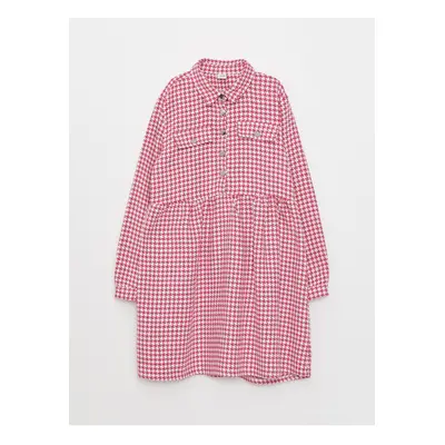 LC Waikiki Shirt Collar Houndstooth Patterned Long Sleeve Girls' Dress