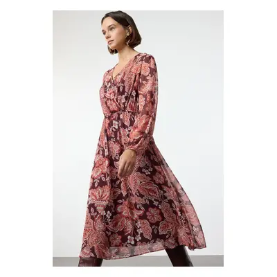 Trendyol Burgundy Floral Double Breasted A-Line Midi Chiffon Lined Woven Dress