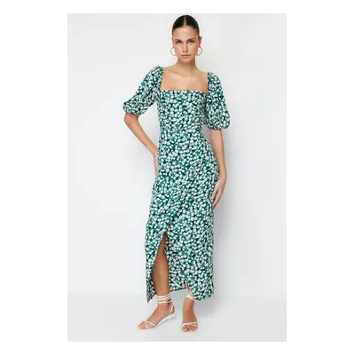 Trendyol Green Floral Balloon Sleeve Viscose Midi Woven Dress