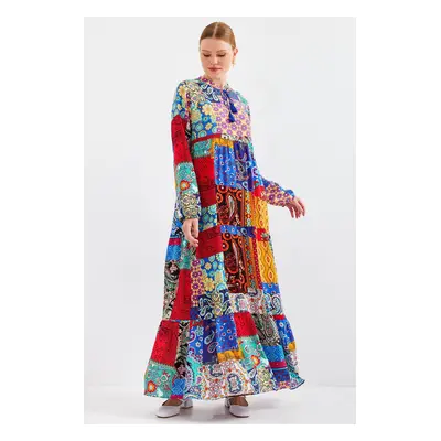 Bigdart Collar Lace-Up Hijab Dress - Multi Colored