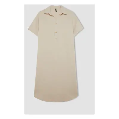 DEFACTO Regular Fit Buttoned Polo Neck Basic Plain Muslin Short Sleeve Midi Dress