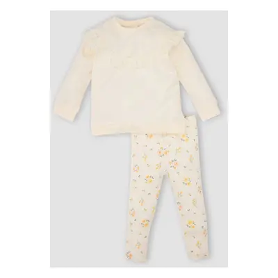 DEFACTO Baby Girl 2-Piece Set Embroidered Crew Neck Sweatshirt Top Elastic Waist Floral Bottom