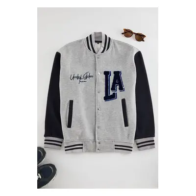 Trendyol Grey Melange Regular/Normal Cut Embroidered Detailed College Jacket