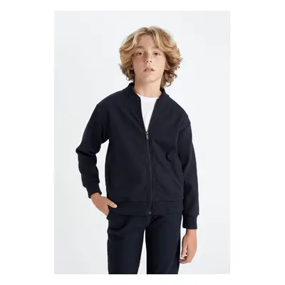 DEFACTO Boys College Collar Zippered Double Pocket Seasonal Light Thin Bomber Cardigan