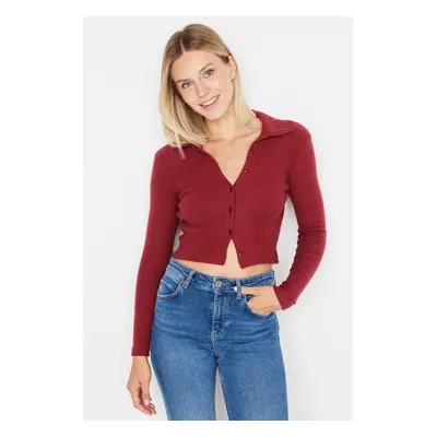 Trendyol Burgundy Button Detailed Fitted Crop Polo Neck Ribbed Flexible Knitted Blouse