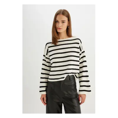 DEFACTO Relaxed Cut Boat Neck Striped Knit Sweater