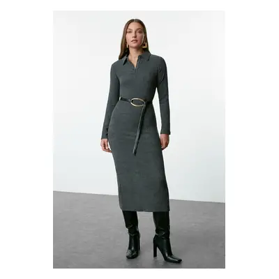 Trendyol Anthracite Plain Polo Neck Bodycone/Fitting Textured Button Detailed Knitted Dress